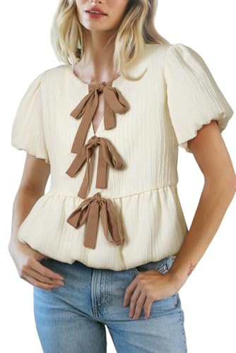 Bow Tie Front Babydoll Tops for Women Cute Bubble Short Sleeve Textured Peplum Blouse Casual Y2K Going Out Summer Shirts White
