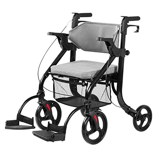 Transport Wheelchair Rollator with Soft Backrest and Detachable Footrests - 2 in 1 Folding Rollator Walker for Seniors - 4 Wheel Walker