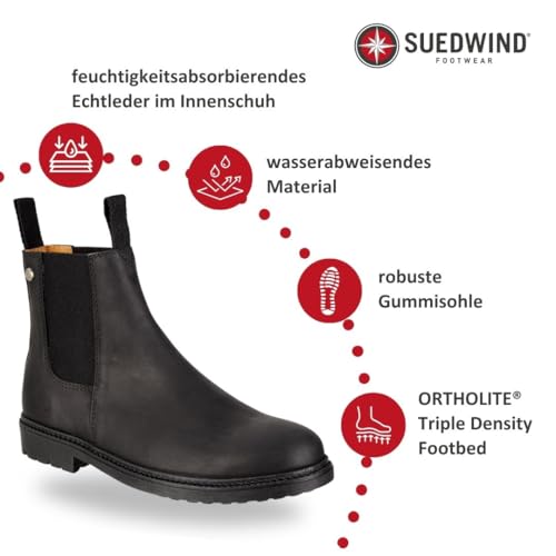SUEDWIND FOOTWEAR Reitstiefeletten für Damen NEW WORK – Chelsea Boots aus Leder – Reit- & Freizeit-Stiefelette mit Ortholite-Fußbett, Gummisohle & Lederinnenfutter – Schwarz – Gr. 39