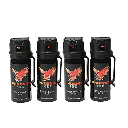 Phoenix P360S Pepper Gel from qseel. Maximum Strength Police & Military Grade Pepper Spray Gel is Better Sprays at Any Angle 18 feet Flip-top Safety and Belt Clip Included 4 Pack