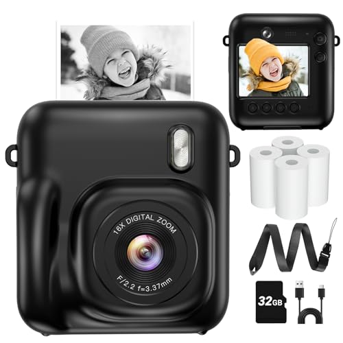 Instant Camera, Dual-Lens Kids Camera Instant Print for Boys Girls Christmas Birthday Gifts, 1080P Digital Cameras for Kids Teens with Print Paper, 32GB Card, Toddle Toy for Age 4-12 Years(Black)