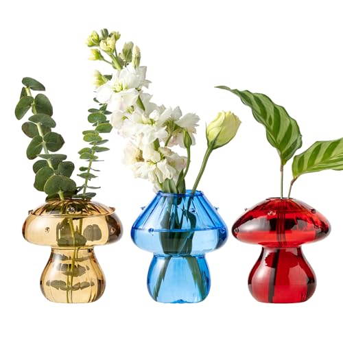 JGKYLDZ Mushroom Vases Set of 3 Colored Plant Propagation Station Mushroom Propagation Vase Mini Terrarium for Plants Cute Glass Hydroponic Vase for Flowers Gifts for Women Plant Lover (3)