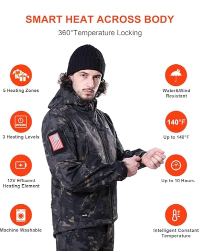 DEWBU Heated Jacket for Men with 12V Battery Pack Winter Outdoor Soft Shell Electric Heating Coat, Men's Black Camo, XL
