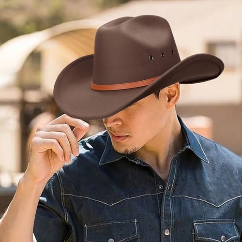 Image of DRESHOW Cowboy Hat for Women and Men Western Felt Cowboy Cowgirl Hat Wide Brim Belt Buckle Retro Fedora Hats Unisex Caps