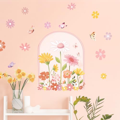 Pink Flower Arch Wall Decals, Boho Floral Butterflies Wall Stickers Removable Creative Self Adhesive Wall Art Sticker Home Decor for Girls Baby Nursery Kids Room Living Room