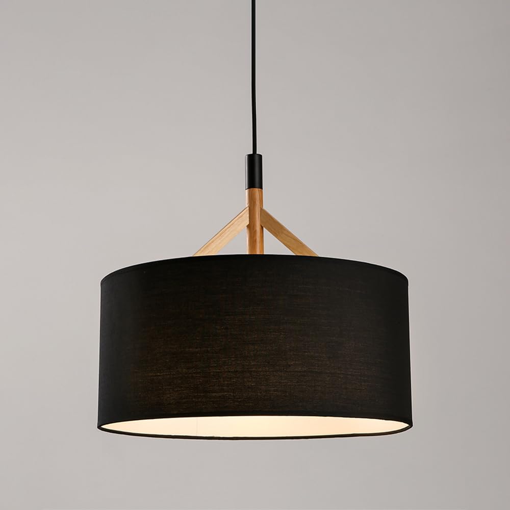 KXEcoLife Modern Fabric Pendant Light Cylindrical Design Hanging Ceiling Chandelier Fixture with Wood Fitting, E27 Lighting Fixtures for Dining Room, Living Bedroom, And Kitchen