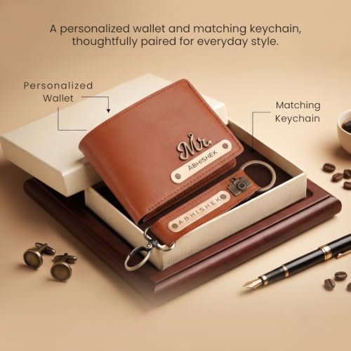 Image of Personalized Name & Charm Leather Wallet & Keychain (Dark Brown) Giftset for Men|Customized Birthday Anniversary Corporate Gift for Man|Gifts for Men|Secret Santa Gifts for Office Staff Tan Brown