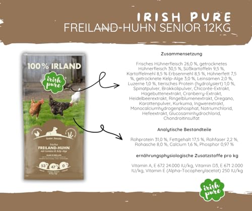 Irish Pure Freiland-Huhn Senior – 12kg + 6x390g - getreidefreies Trockenfutter & Nassfutter für ältere Hunde – mit Kelp-Alge – 100 % natürlich & artgerecht - optimal ausgewogene Ernährung - Sparpaket