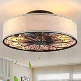 20" Boho Rattan Caged Ceiling Fan with Light,Low Profile Flush Mount Bladeless Ceiling Fan with Remote Control, 6 Speeds Reversible Silent Motor, Farmhouse Fabric Fandalier for Bedroom,Living Room