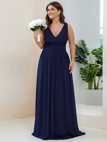 Image of Ever-Pretty V Neck Sleeveless Pleated Chiffon Maxi Plus Size Formal Dress for Women Bridesmaid Dresses 09016-DA