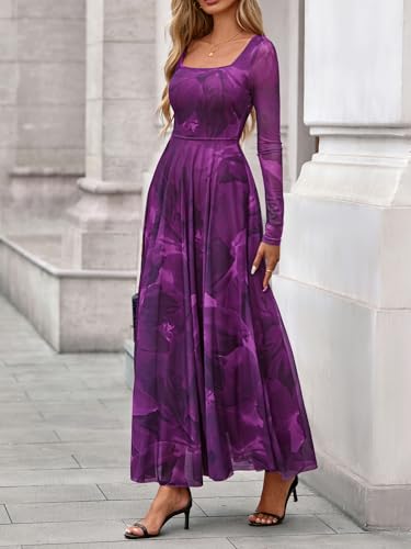 BTFBM Women Maxi Dress Fall 2025 Fashion Elegant Long Sleeve Square Neck Floral Print Party Club Wedding Guest Dresses