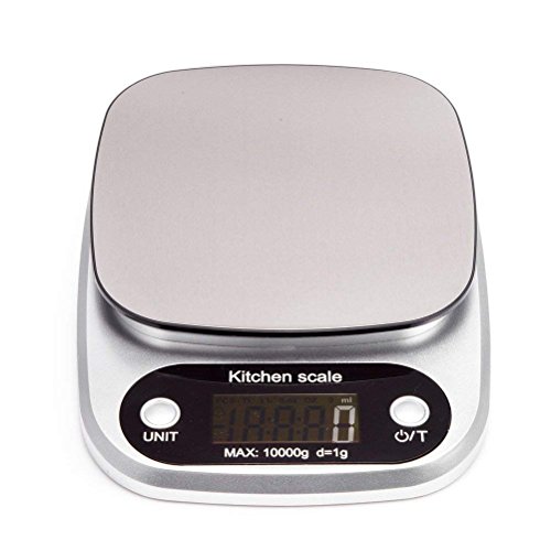 WSKTOP Básculas de Cocina Digitales,10kg/22lbs Básculas De Precision Balanza Electrónica Multifuncional, Acero Inoxidable Peso de Cocina,Función de Tara,Gran Pantalla LCD,Baterías Incluidas (Plata)