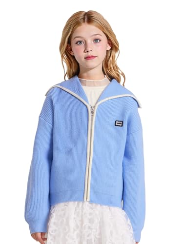 Girl's Sweaters Cardigan Jacket,6-16 Years Old,Sky Blue Lapel Youth Clothes Kid's Jumper