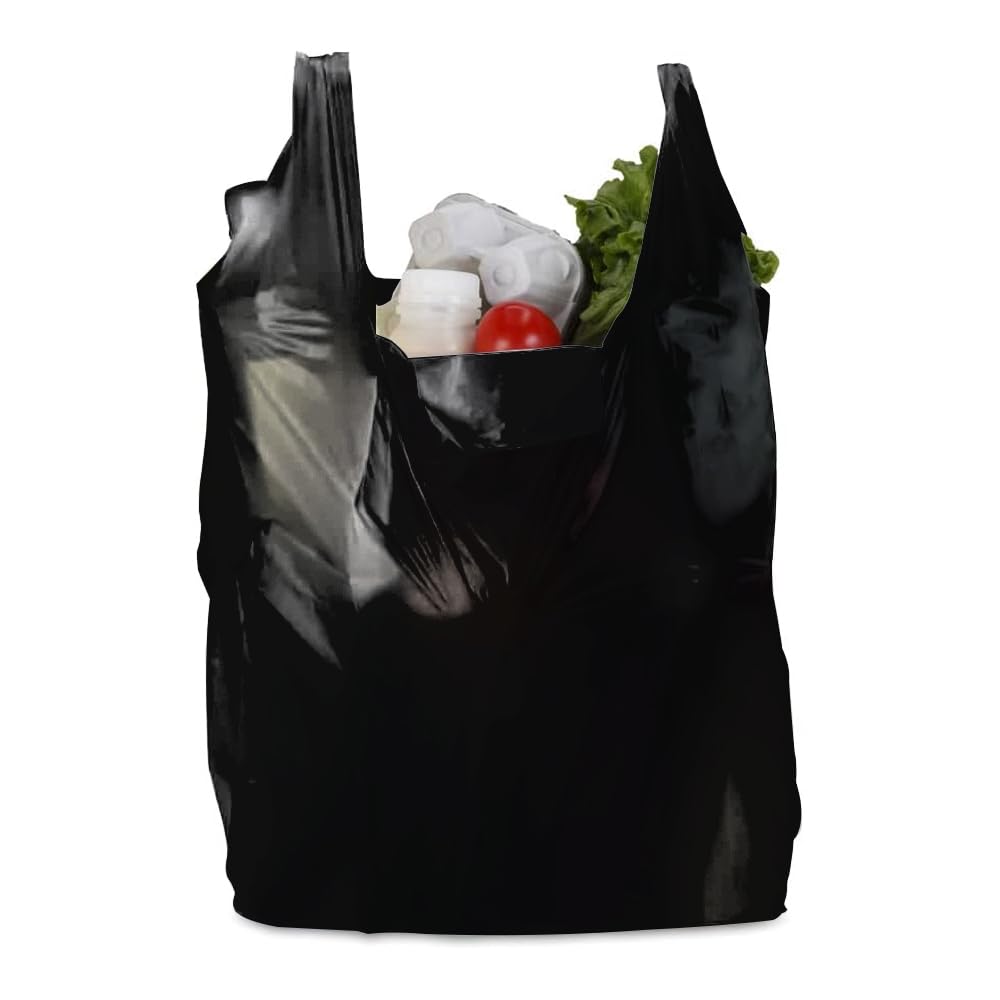 Tezraftaar® Vest Carrier Bags 11" x 17" x 21" 18mu Black Heavy Duty Plastic Carry Bags for Apparel Shopping Supermarket Groceries (1000)