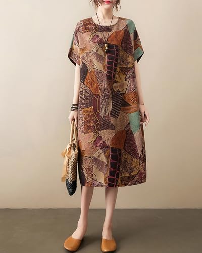 Image of LUZU JUNU Women's Summer Baggy Plus Size Loose Cotton Linen Long Boho Beach Dress with Pockets