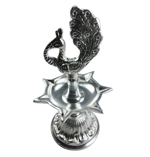 ORIVILLE WHITE METAL Finish DIYA: Peacock-Topped Medium KASHI SAMAI KUTHU VILAKKU SAPTA (07-Notched) DEEPAM/ JYOTI/ LAMP with Stand (07 Inches: Please RE-ASSEMBLE on receipt - as per photo instructions) - Image 2 thumbnail