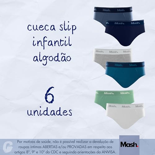 MASH Kit 6 Cuecas Slip Infantil Algodão Meninos Crianças, 1 Cinza - 1 Azul Diesel - 1 Azul Jeans - 1