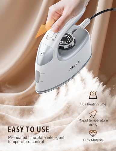Image of Sundu Mini Travel Steam Iron, 1000W Portable Small Iron with Non-Stick Plate, 300 Steam Holes, 90ml Tank, Safety Base & Digital Temp Control for Quilting Sewing-Silver