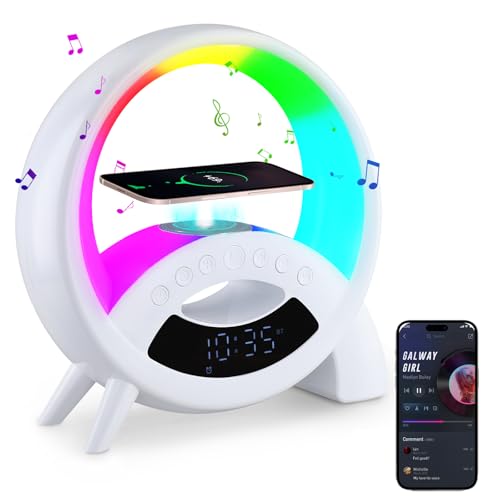 Luqixcey Bedside Lamps with 10W Wireless Charger, Smart Table Lamp Dimmable Ambient Light, LED Desk Lamp with USB Port, Bluetooth Speaker, Alarm Clock, Multi-Colored Night Light for Home Bedroom Dorm
