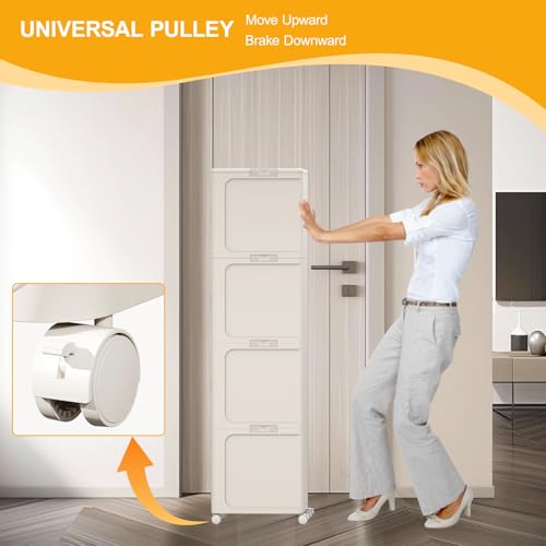 Image of 4-Tier Slim Tall Bathroom Cabinet, Plastic Narrow Cabinet with Doors and Shelves, Floorstanding Skinny Cabinets with Wheels