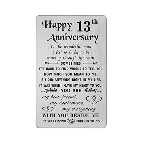 TANWIH 13 Year Anniversary Card Gifts for Him Men, 13th Anniversary Card for Husband Lace, Engraved Metal Wallet Cards