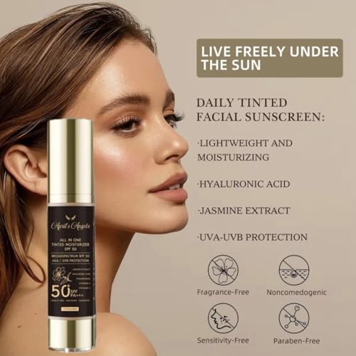 April's Angels All in One Universal Tinted Moisturizer, Broad Spectrum SPF 50 PA+++, with Hyaluronic Acid, Jasmine Extract, Vitamins C and E. 1.7 fl oz