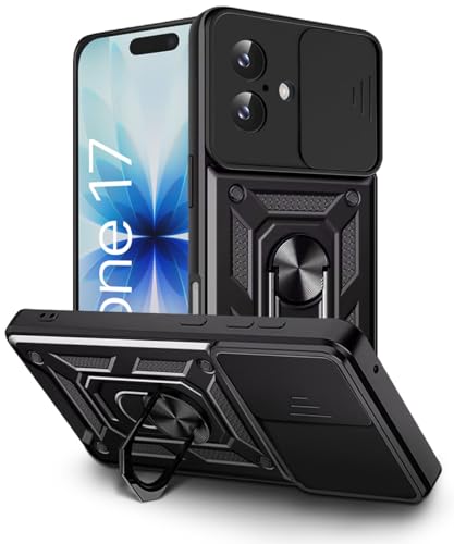 Image of WOW IMAGINE Tough Armor Bumper Mobile Back Case for iPhone 17 2025 | Sliding Camera Shield Cover | Shock Proof 360 Protection | Hybrid PC + TPU | Ring Holder with Kickstand - Black