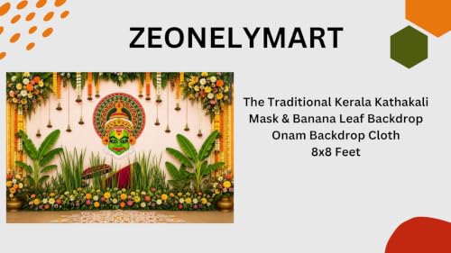 Image of Pooja Decoration Traditional Background Curtain Cloth for Festival | Traditional Kerala Kathakali Mask & Banana Leaf Backdrop Onam Backdrop Cloth 8x8 Feet
