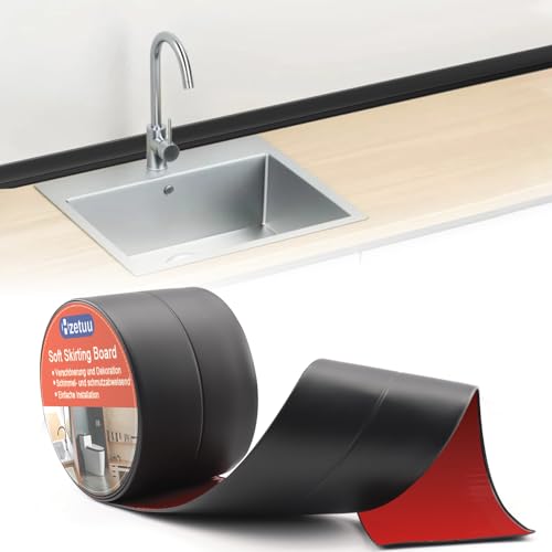 Weichsockelleiste Selbstklebend (5m) Flexible Pvc Sockelleiste Für Unebene Wände Und Küche Wasserdichte Abschlussleiste Und Knickleiste Mit Starkem Acrylat-Klebeband Ohne Bohren Schwarz (19x19mm)