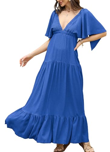 Image of Kikibell Women Summer Dresses Sexy V-Neck Maxi Dress Tiered Silhouette with Flutter Sleeve Backless Elastic Waist Flowy Dress
