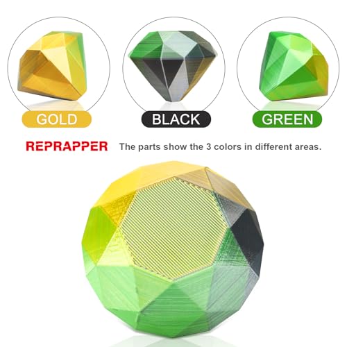Image of RepRapper Triple Color Filament, Tricolor Coextrusion PLA Filament, Shiny PLA Filament 1.75mm for 3D Printer, Multicolor Like Dual Color Rainbow PLA, 2.2lbs, 1kg Silk PLA Gold /Green /Black
