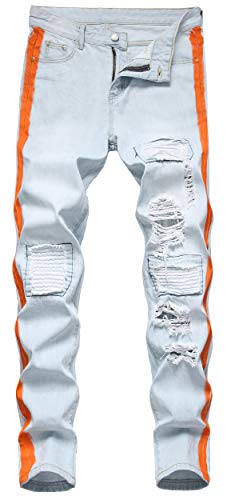 Sarriben Slim Fit Jeans for Men, Biker Moto Distressed Destroyed Fashion Ripped Jeans Straight Leg Hip Hop Denim Pants Light Blue 40