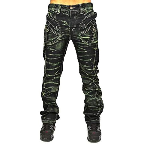 Peviani Mens g Jeans, Designer Straight fit True Urban Rock Star Denim Green Pants, time is Money Religion Hip hop Blast Comfort (Waist 36"/ L 33") Cover