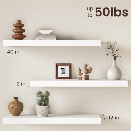 Image of 40Inch White Floating Shelves for Wall, 12 Inch Deep Shelves for Bedroom, Kitchen, Bathroom Wall Mounted, Rustic Wood Floating Shelf with Invisible Brackets for Books, Storage, Decor, 2 Packs