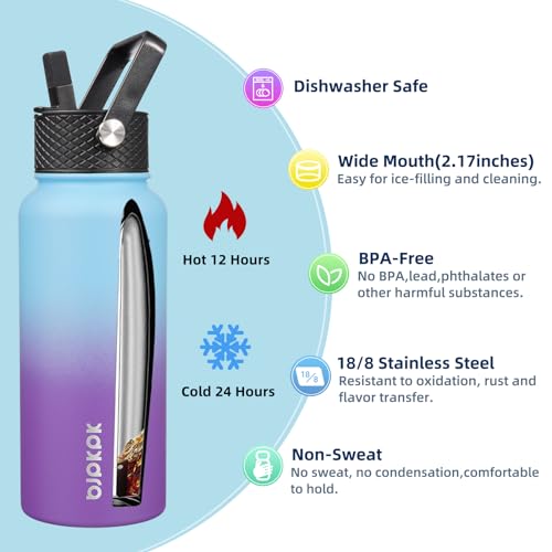 Image of BJPKPK 2 Pack 32oz Insulated Water Bottles with Straw Lids, Stainless Steel