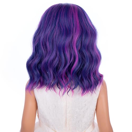 Image of PATTNIUM Kids Pink Blue and Purple Wig Girl Short Blue Wave Curly Wig Children Side Part Bob Wigs Synthetic Cosplay Party Hair