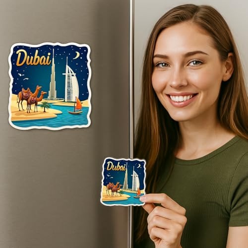 Image of Naxon Dubai Souvenir Wooden Fridge Magnet - 3x3 Inch Travel Collectible Refrigerator Magnet | Burj Khalifa, Palm Jumeirah, Desert Safari Design | Wooden Kitchen Decor & Gift | Pack of 1
