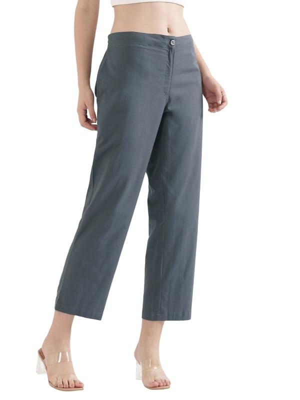 Image of SAADAA Women's Airy Linen Straight Pants | Regular Fit Trousers | Half Elasticated with Drawstrings & Buttons | 4 Pockets | Everyday & Office Wear