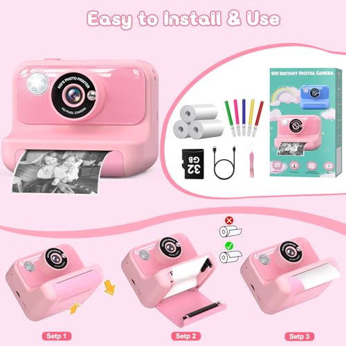 Hangrui Kids Camera Instant Print, 2.4'' Instant Camera for Kids, 1080P Children Cameras with 32GB Card & 3 Rolls Photo Paper, Christmas Birthday Gifts Toys for Girls & Boys Aged 3-12 -Pink - Image 4
