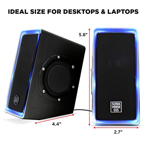 GOgroove SonaVERSE 02i Altoparlanti per Computer con Luci LED Blu, Alimentazione USB, Doppio Driver, Subwoofer Passivo e Controllo Integrato, Adatto a Qualsiasi PC - Nero