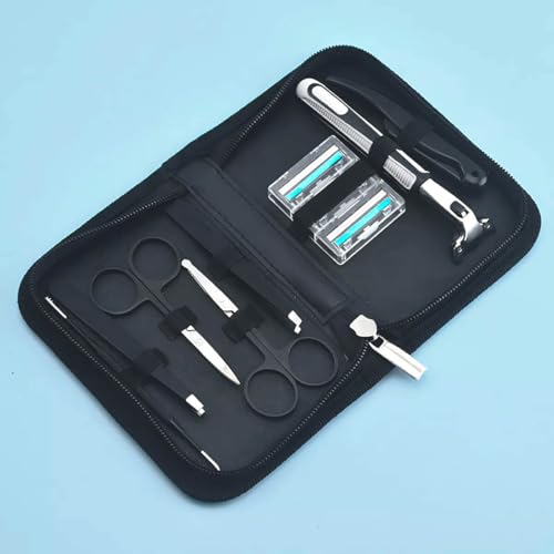 Kit Design de Sobrancelhas Profissional, 10 Peças, Estojo com Pinças, Tesouras e Lâminas, Preto