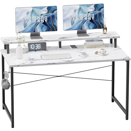 Image of Pamray 47 Inch Small Computer Desk with Monitor Stand, Simple Office Desk with Headphone Hook for Small Spaces, Kids Study Writing Table for Bedroom, Marble
