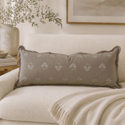 BlissBlush Long Lumbar Pillow Cover 14x36 for Bed, Taupe Velvet Decorative Lumbar Pillow Cover, Floral Accent Cushion Cover with Embroidery and Scalloped Edge for Couch Sofa Bed, Cover ONLY - image 1