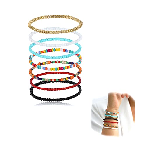 Asphire Bohemian Layered Beaded Bracelet Multi-Colored Bangle Wrist Circlet Set Boho Summer Beach Elastic Anklet Bracelet Festival Accessories Gift For Women Teens Girls, Gold, 6.2 In(Bracelet) #TOP6