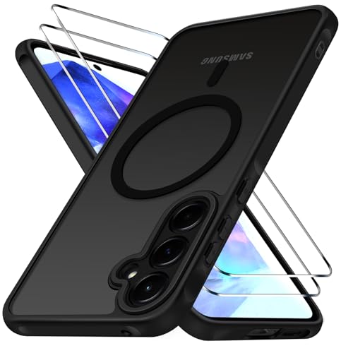 ivoler für Samsung Galaxy A55 5G Hülle 1 Magnetisch Handyhülle mit 2 Stück Panzer Schutz Glas [Kompatibel mit MagSafe] [Militärnorm Sturzschutz] Stoßfest Schutzhülle Silikon Case Matt Schwarz