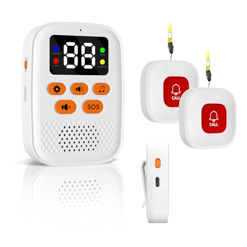 Caregiver Call Button for Elderly, Wireless Caregiver Pager 2 SOS Panic Buttons 1 Receiver with Number Display, Nurse Calling System with 3 Volume Levels, Vibration Reminder, Low Battery Reminder