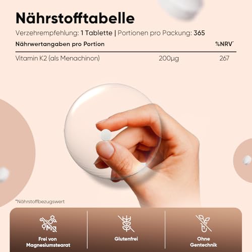 Vitamin K2 MK7 - Als Menachinon - 365 vegane Tabletten - 200µg je Tagedosis - Vitamin K trägt zur Erhaltung normaler Knochen bei (EFSA) - 1 Jahr Vorrat - K2 Vitamin von WeightWorld