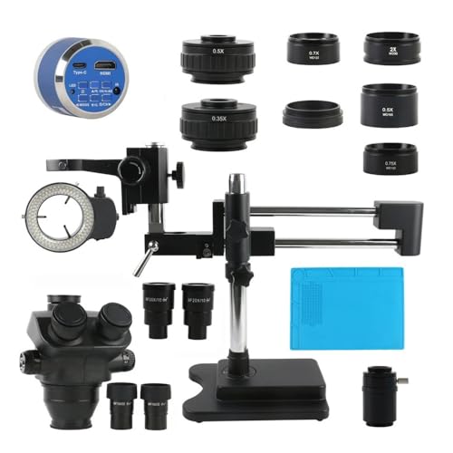 Microscope Double Boom Bracket Arm 3.5X-200X 100X Zoom Industrial PCB Soldering Jewelry Simul Focal Trinocular Stereo Microscope(12MP 4K HDMI Type-c)