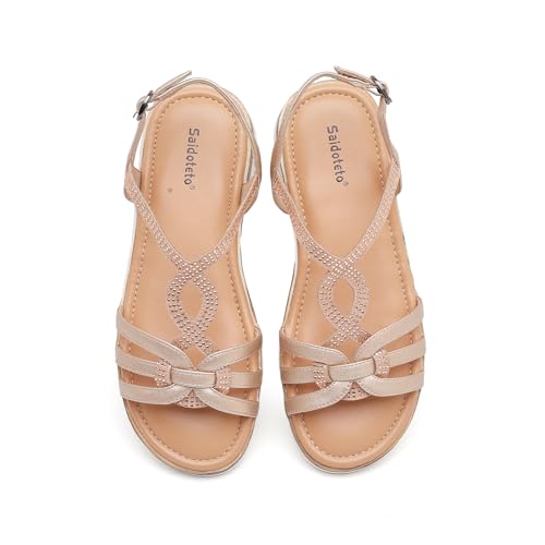 Saidoteto Women's Wide Flat Sandals,Casual Open Toe Strappy Slip-on Summer Dressy Platform Sandals with Sparkling Rhinestones
