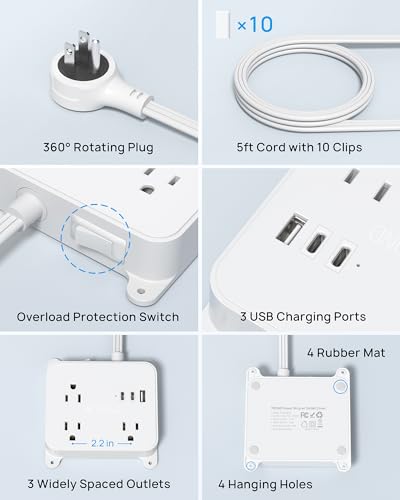 Regleta de energía TROND con enchufe giratorio 360°, extensión de 5 pies con 3 tomas y 3 puertos USB, para montaje en pared o cajón miniatura 5